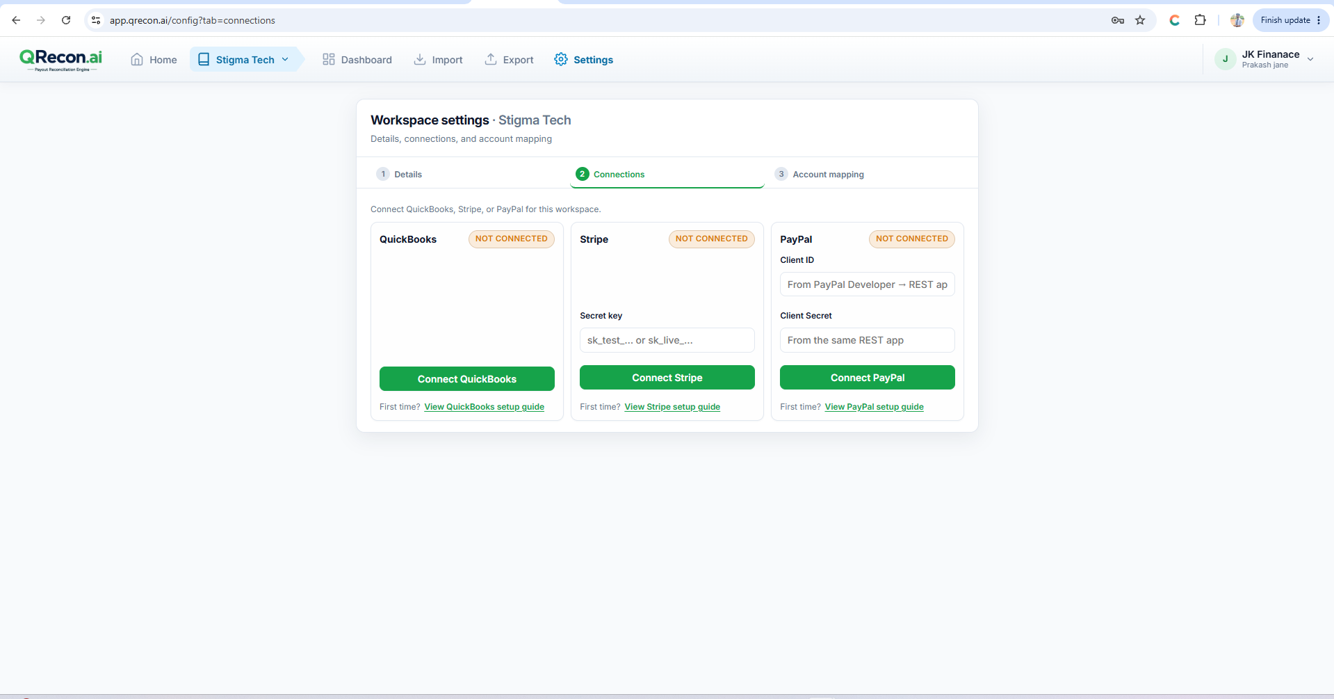 QRecon Settings - Connections overview for QuickBooks, PayPal and Stripe reconciliation
