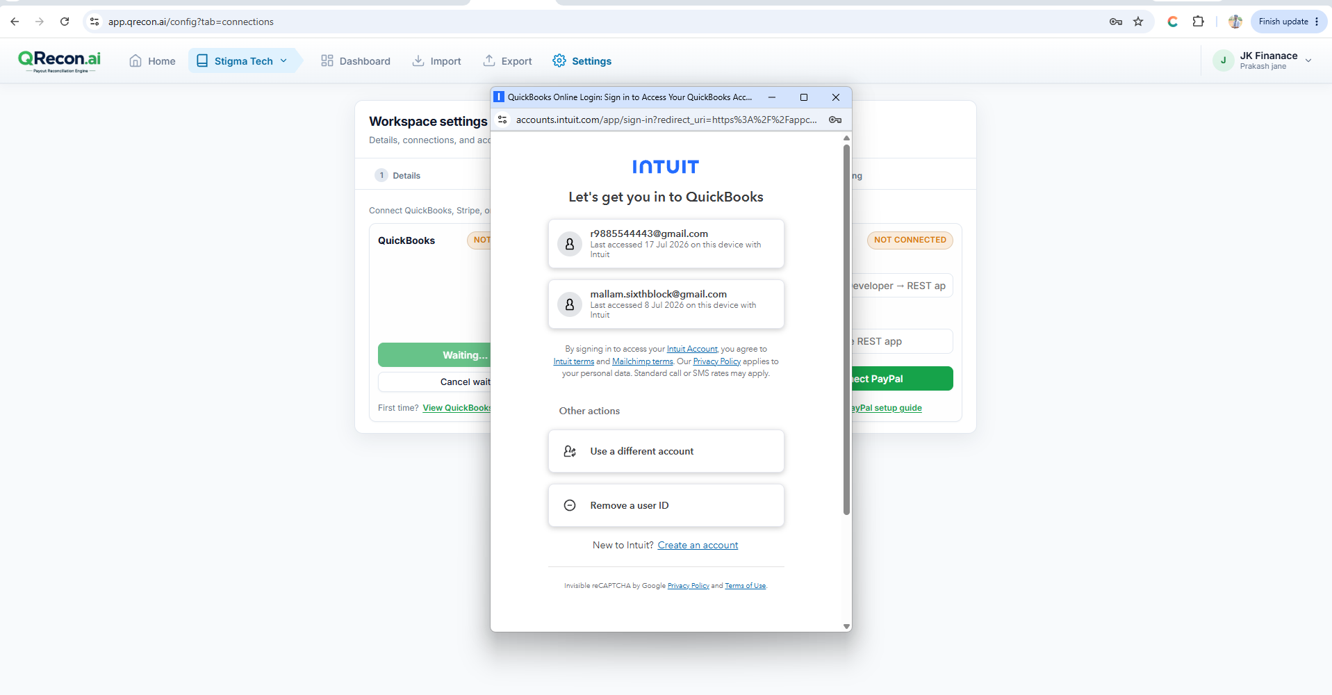 Connect QuickBooks Online button for QRecon reconciliation