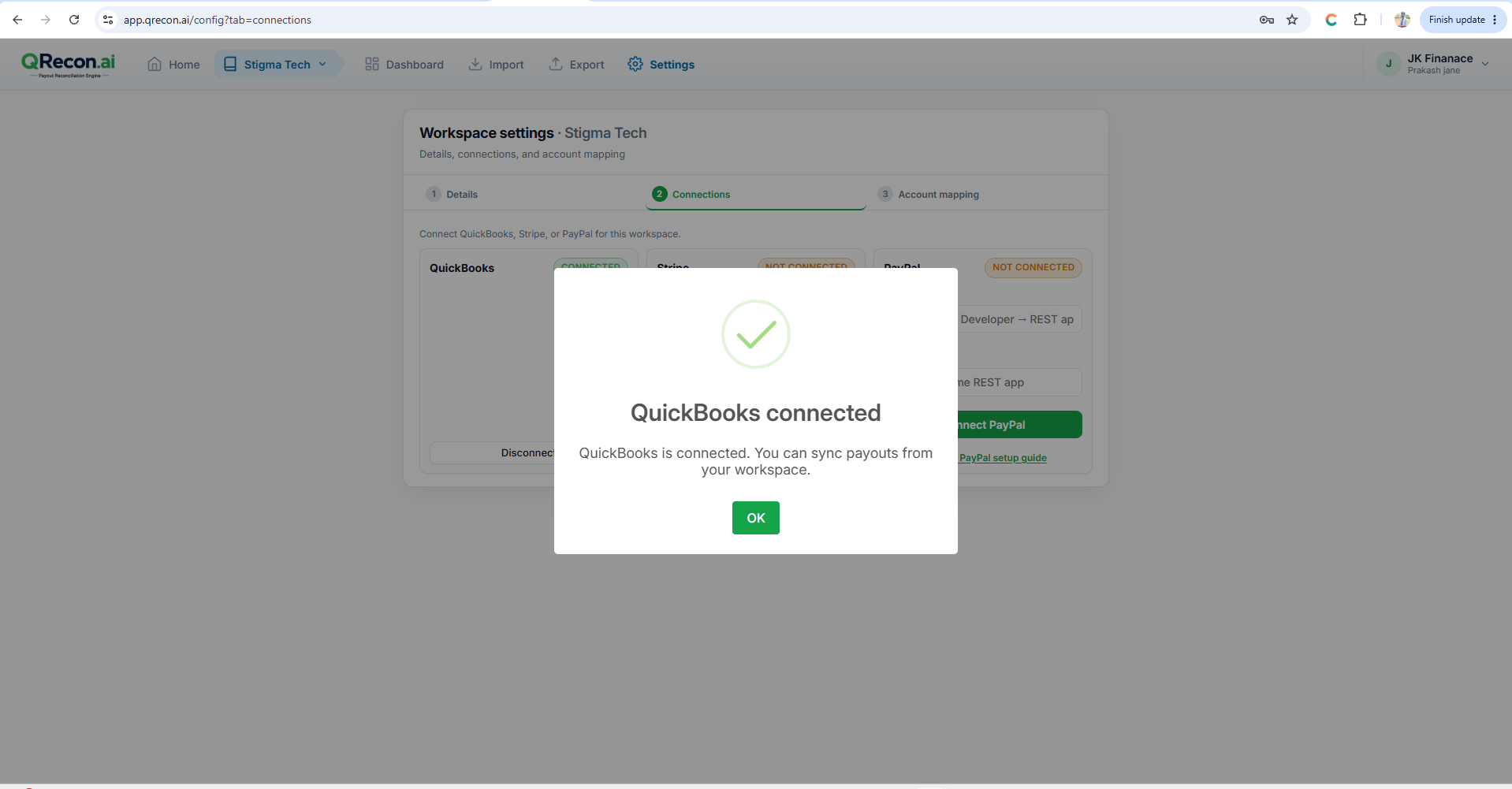 QuickBooks connected status in QRecon reconciliation settings