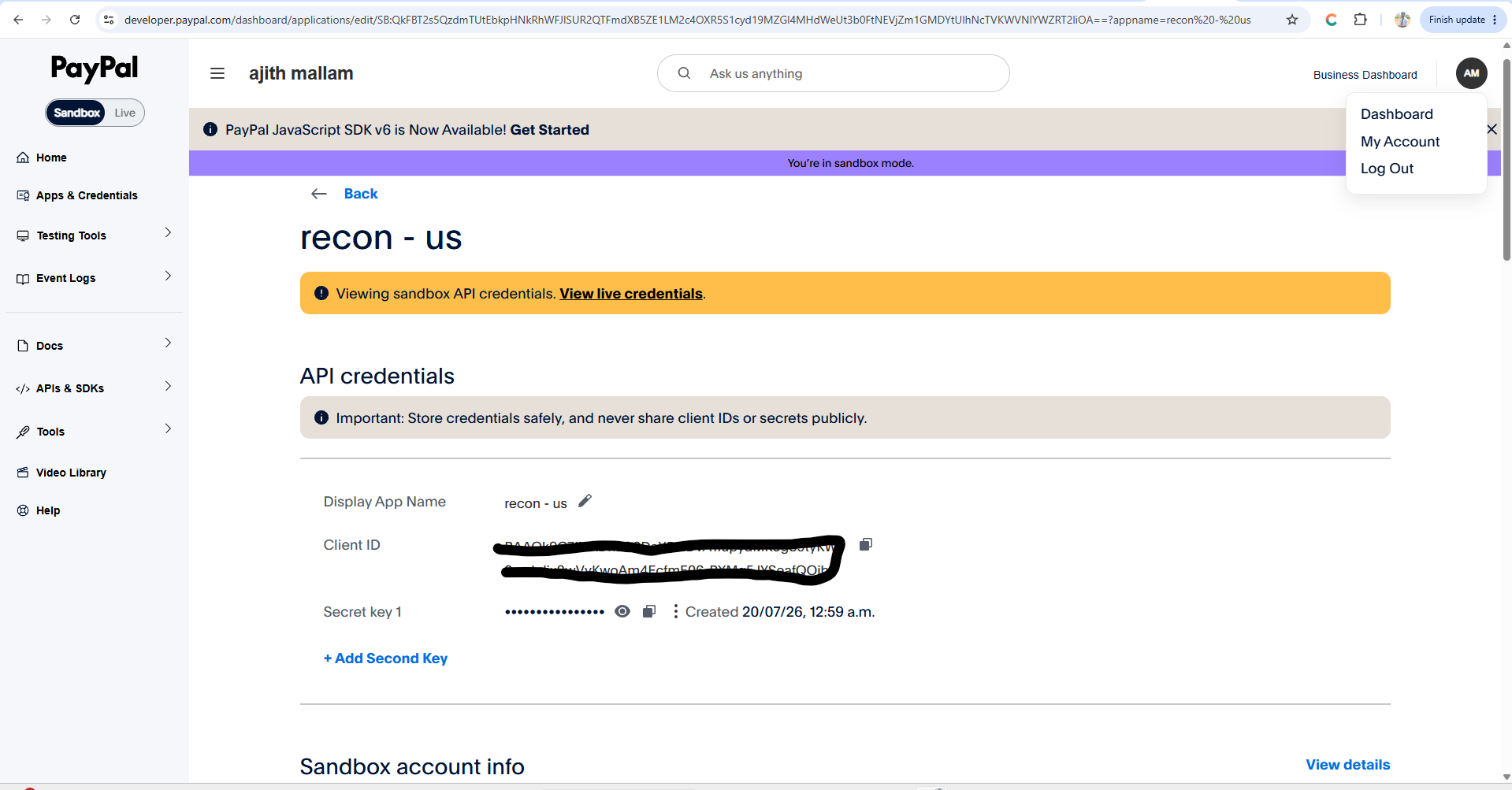 PayPal Developer Dashboard REST app credentials for QRecon reconciliation sync