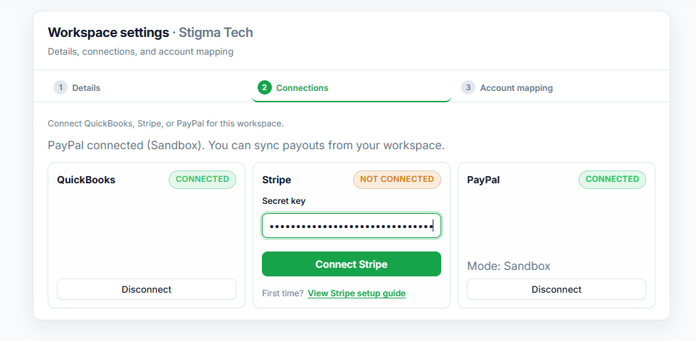 Connect Stripe secret key for QRecon reconciliation sync