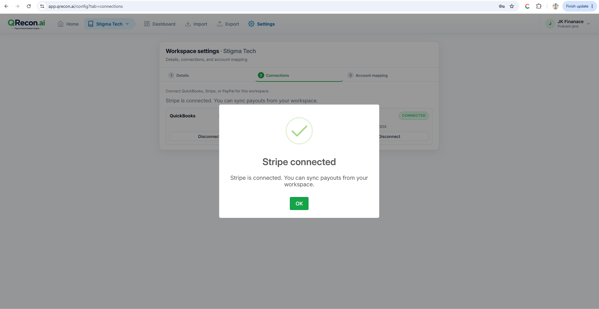 Stripe connected status in QRecon reconciliation settings