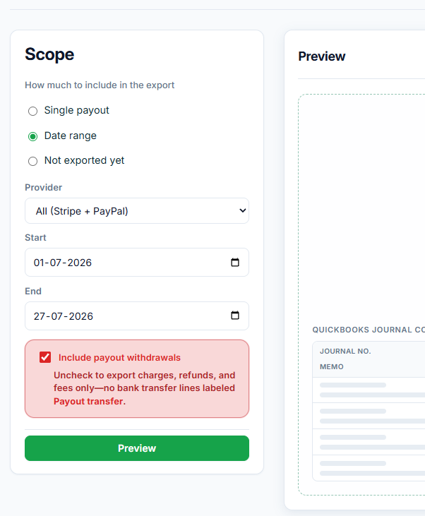 QRecon export scope for QuickBooks reconciliation - date range, Stripe and PayPal provider filter, preview