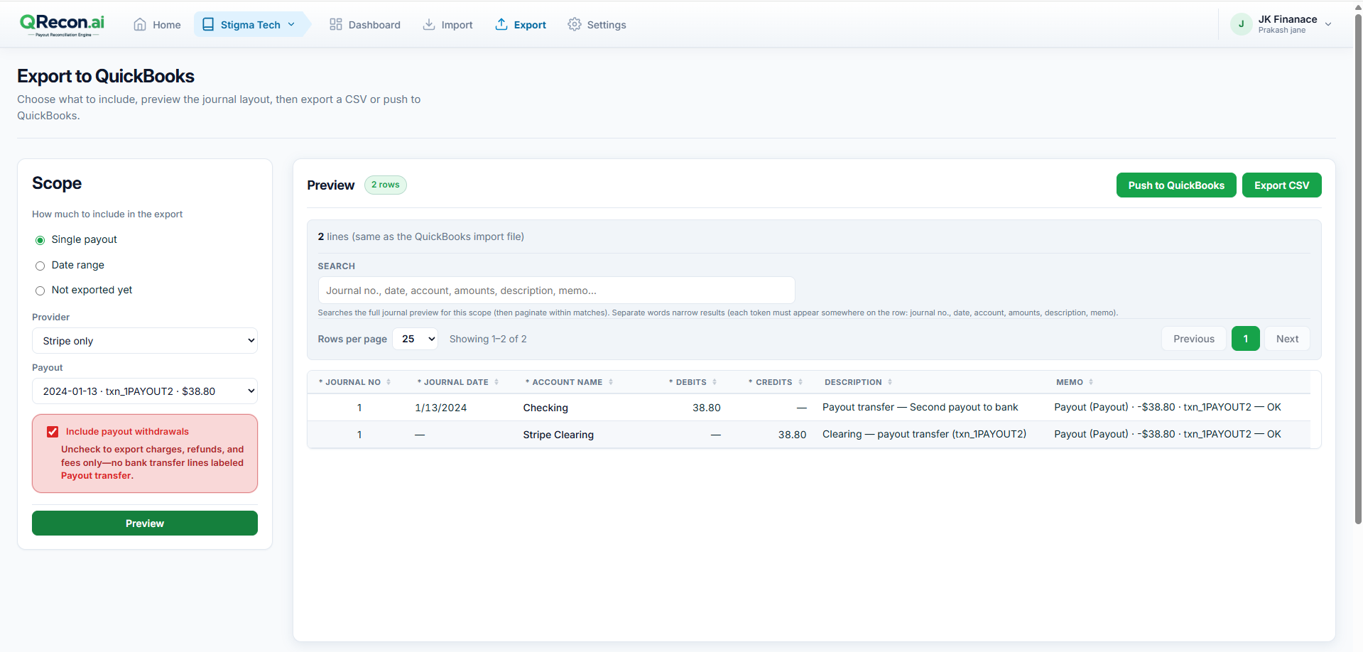 QRecon reconciliation journal preview before QuickBooks export