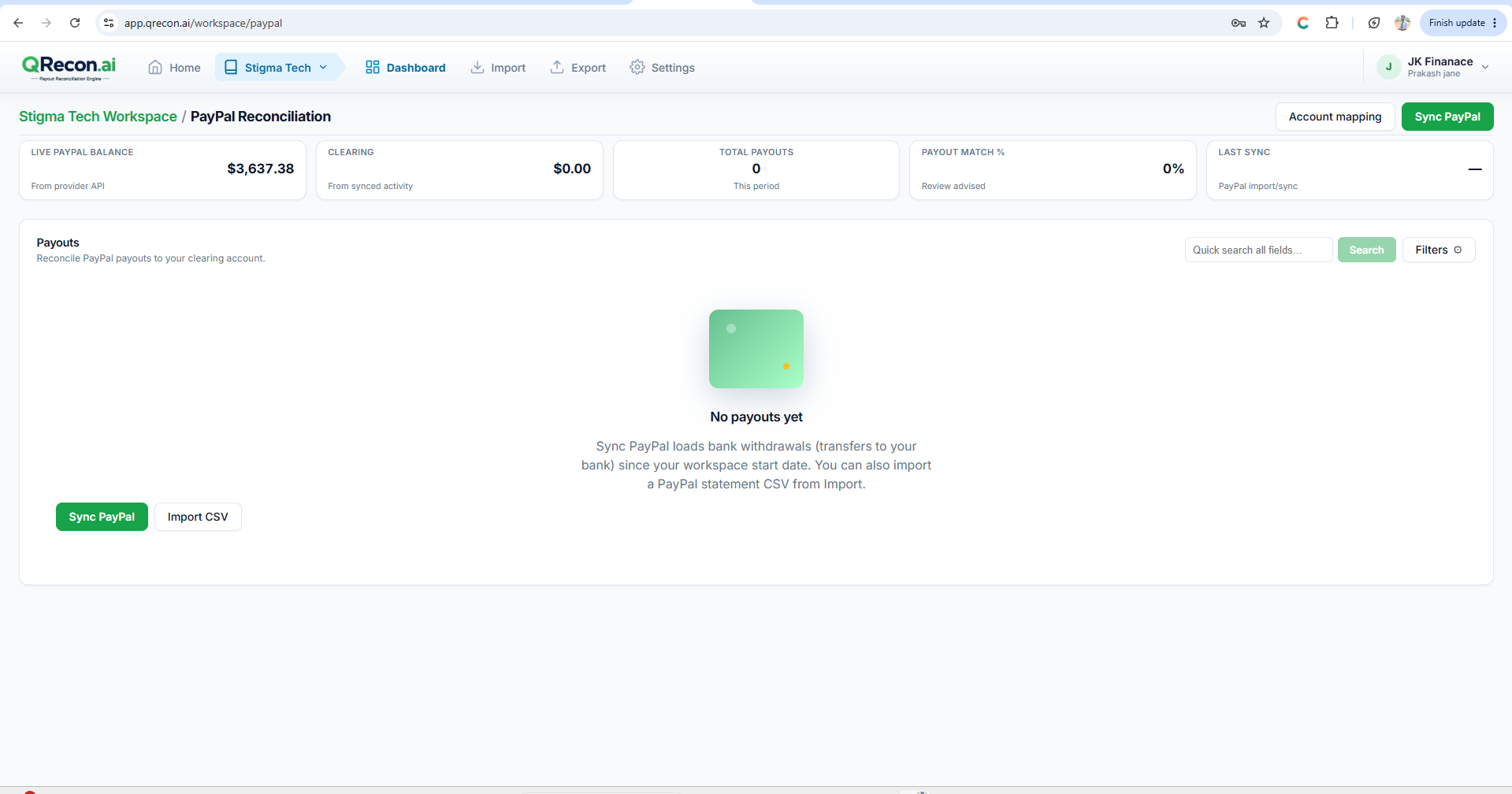 QRecon dashboard - Sync Stripe or Sync PayPal for automated reconciliation