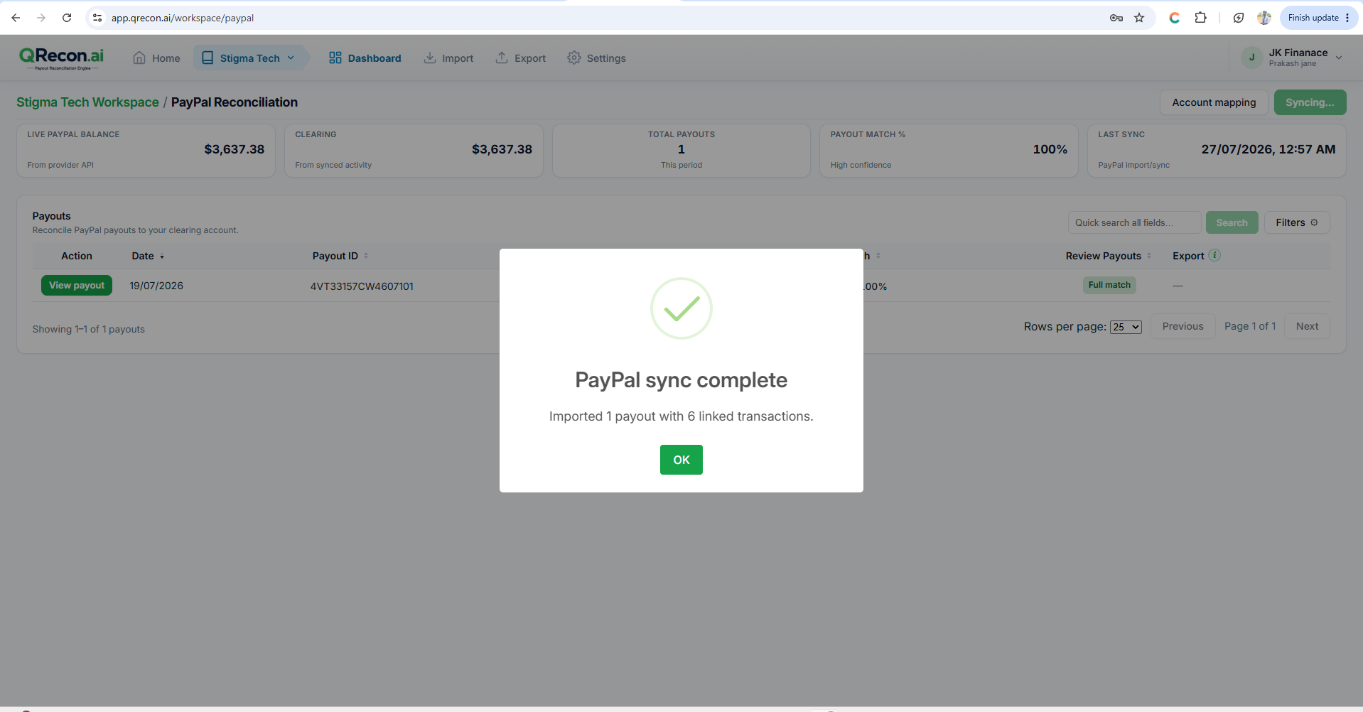 QRecon Stripe and PayPal sync result summary