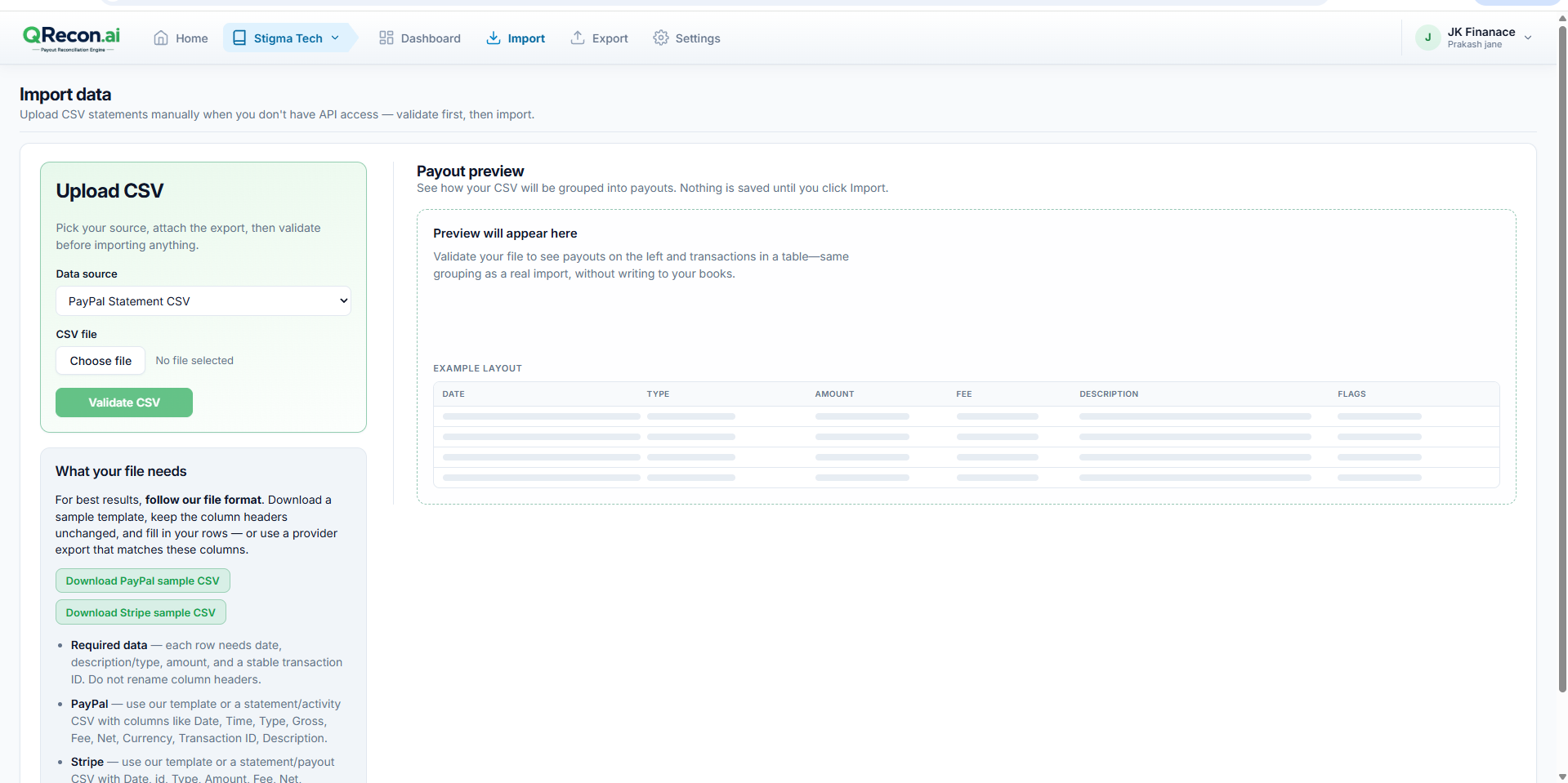 QRecon CSV import - choose Stripe or PayPal data source for reconciliation