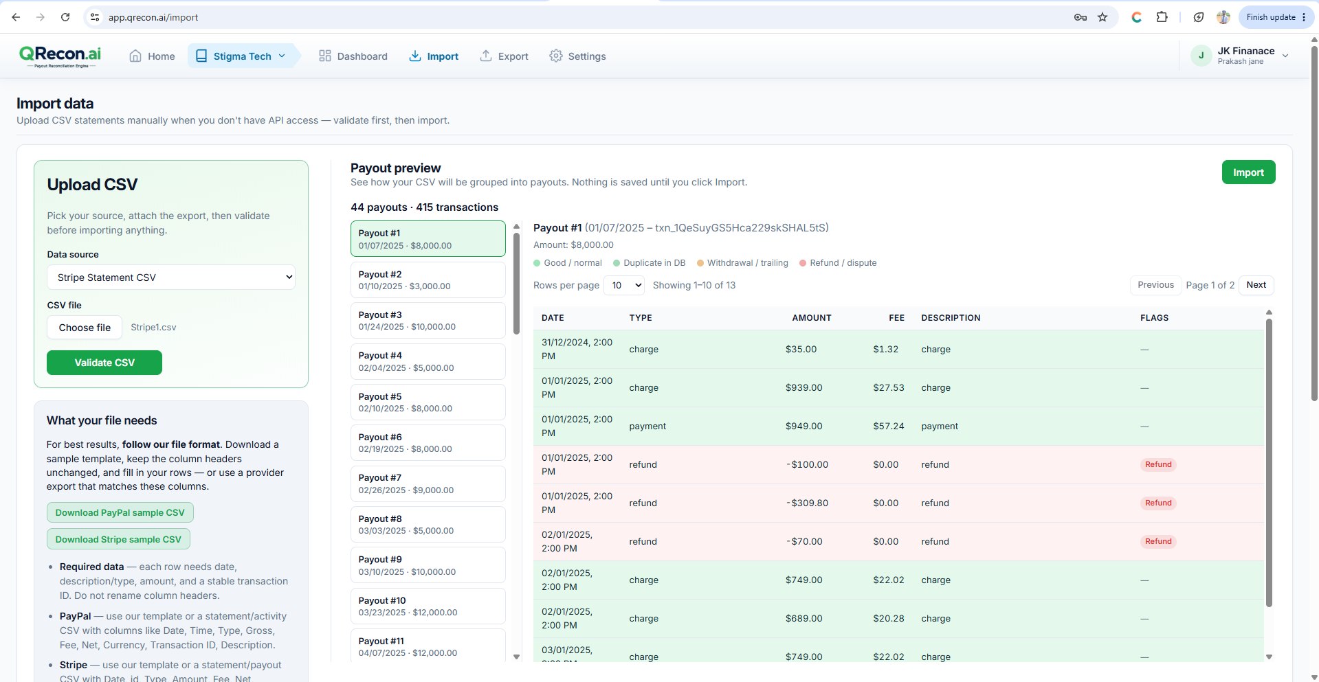 QRecon import validation before payout reconciliation