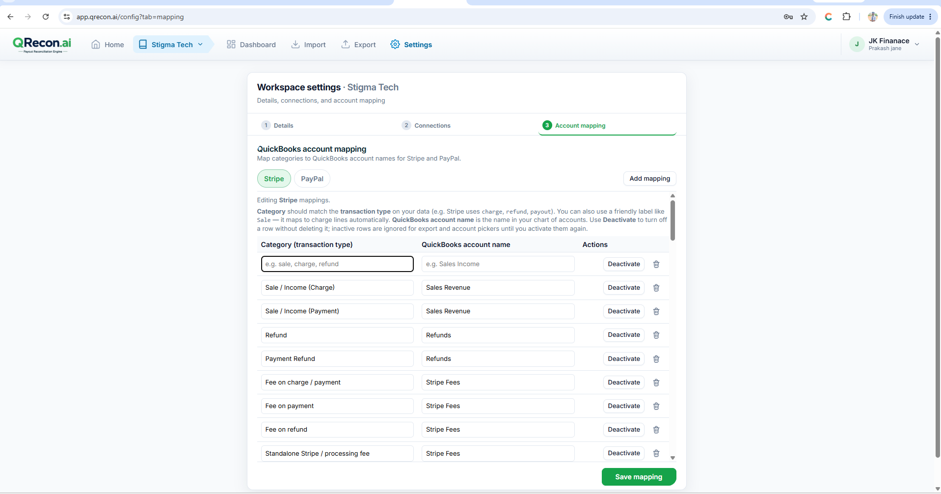 QRecon account mapping - Stripe transaction categories mapped to QuickBooks accounts for reconciliation