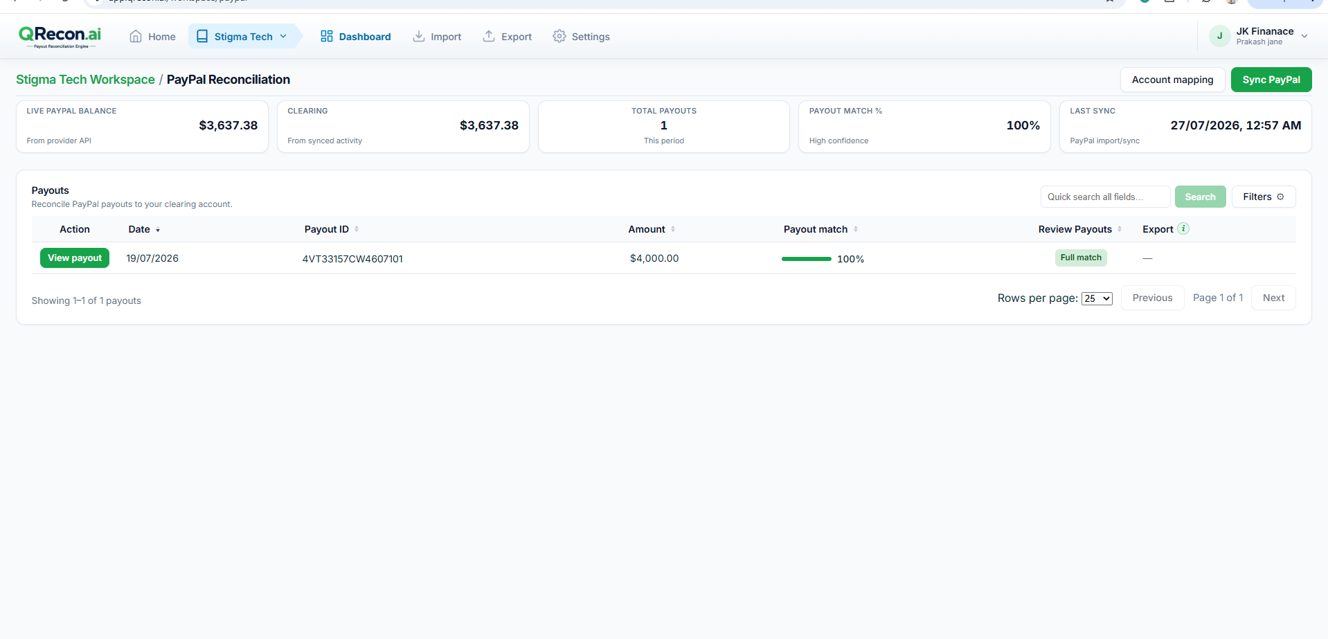 QRecon payout reconciliation dashboard with Stripe and PayPal match percentage