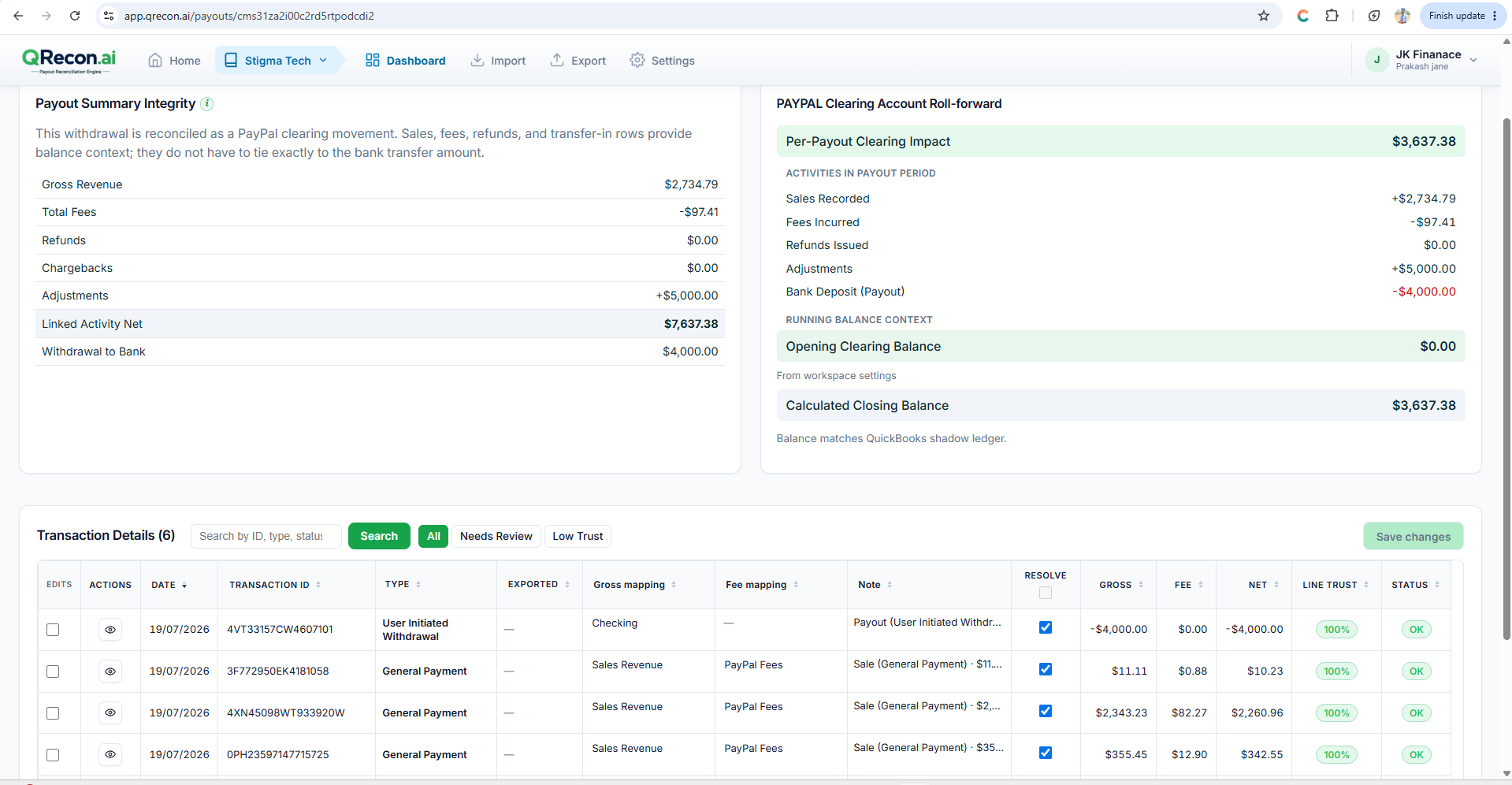 QRecon payout detail - transactions and fees for QuickBooks reconciliation