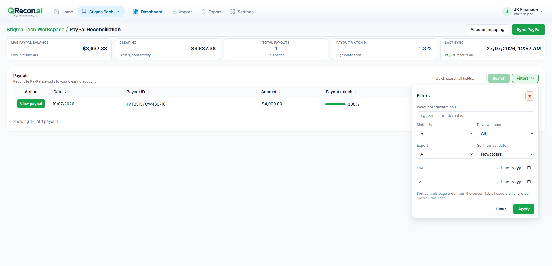 QRecon reconciliation dashboard filters for status and QuickBooks export