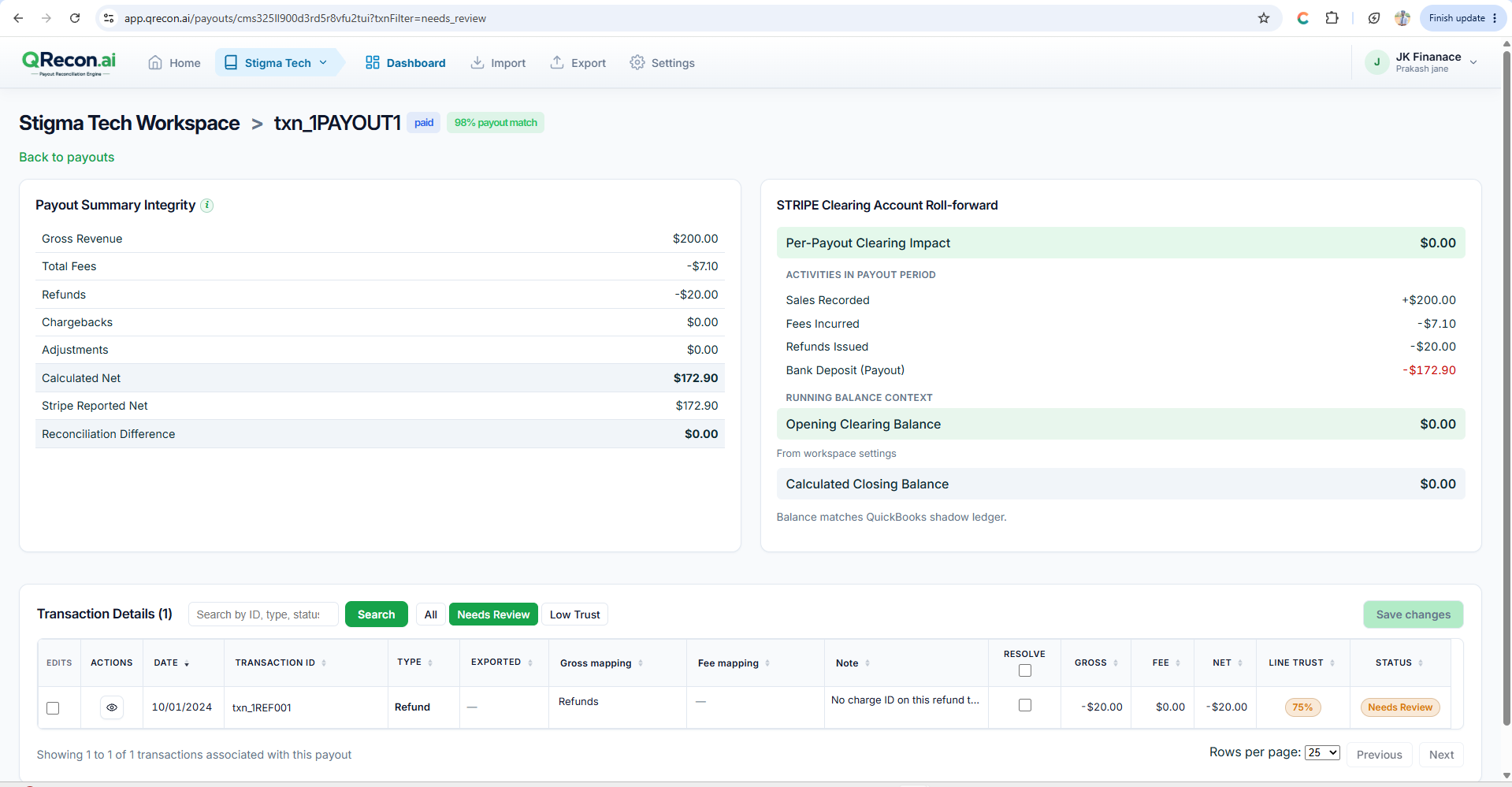 QRecon Needs Review queue for payout reconciliation exceptions