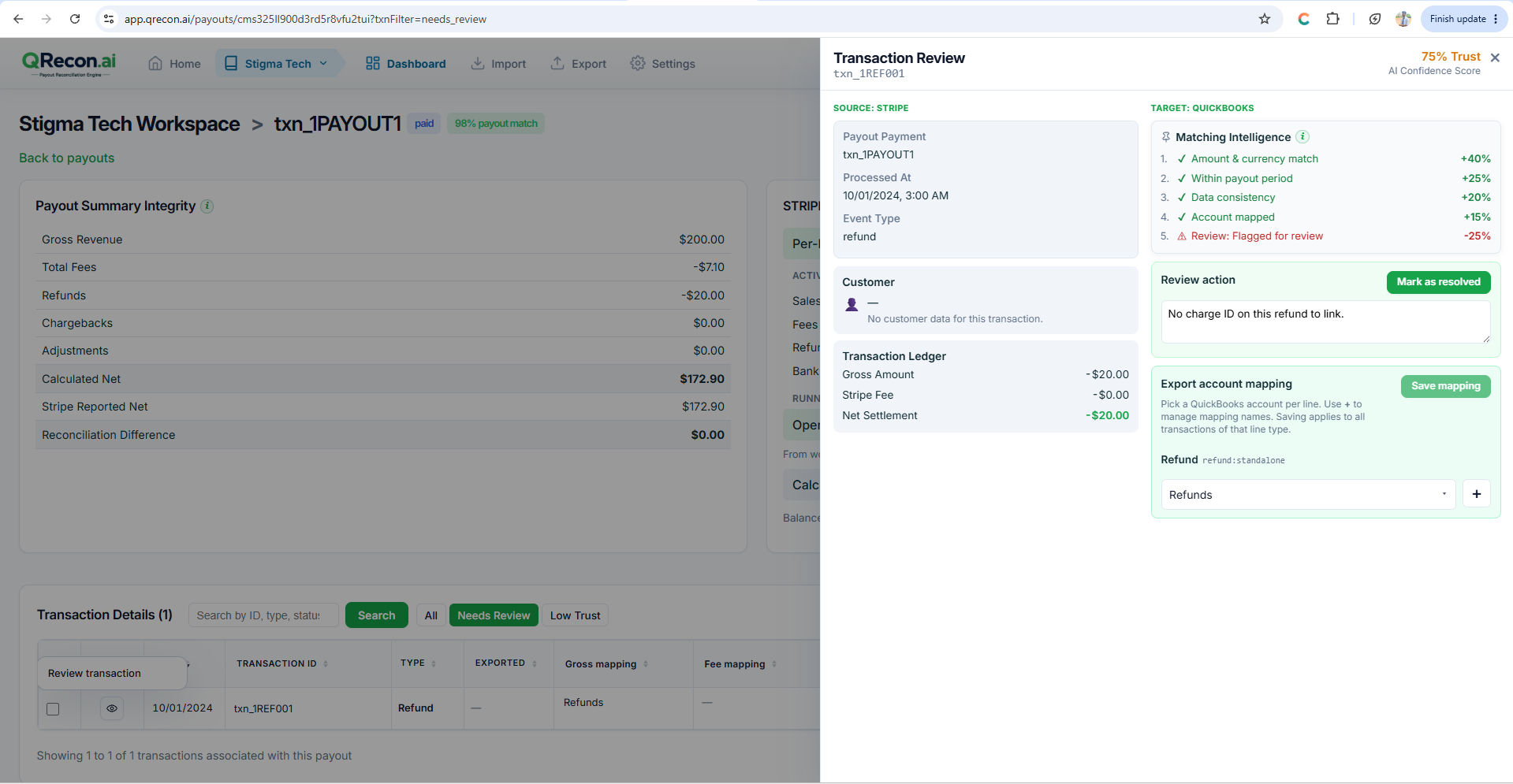 QRecon transaction reconciliation review - account mapping and Mark as resolved