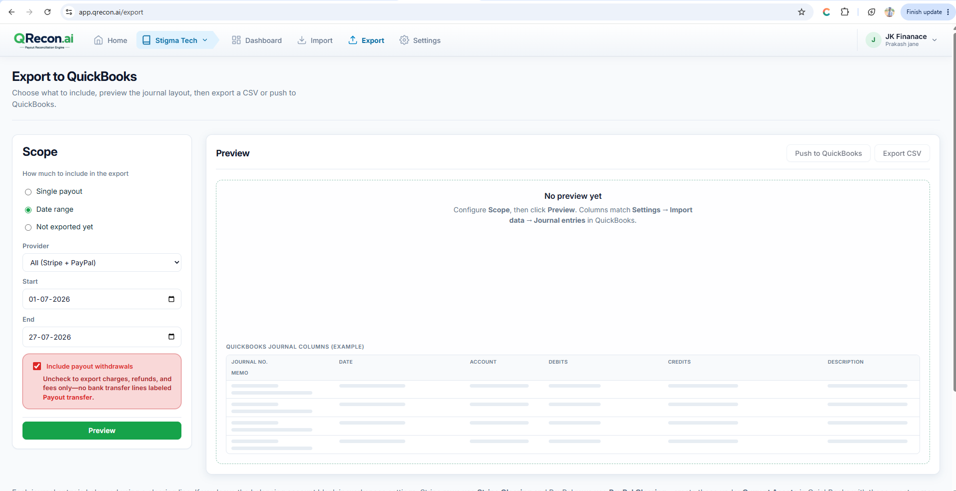 QRecon accept payout variance banner during reconciliation