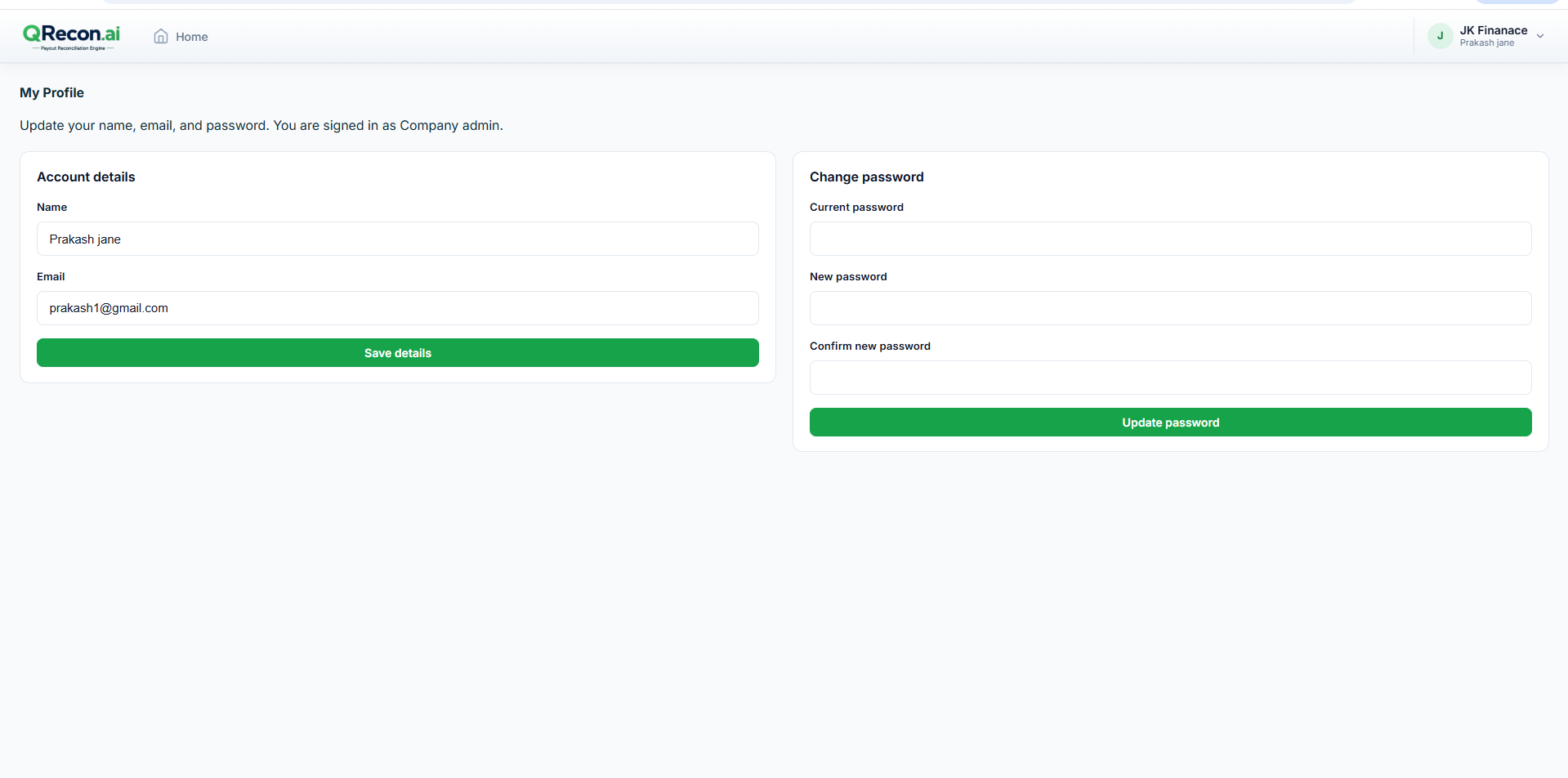 QRecon user profile settings for the payout reconciliation platform