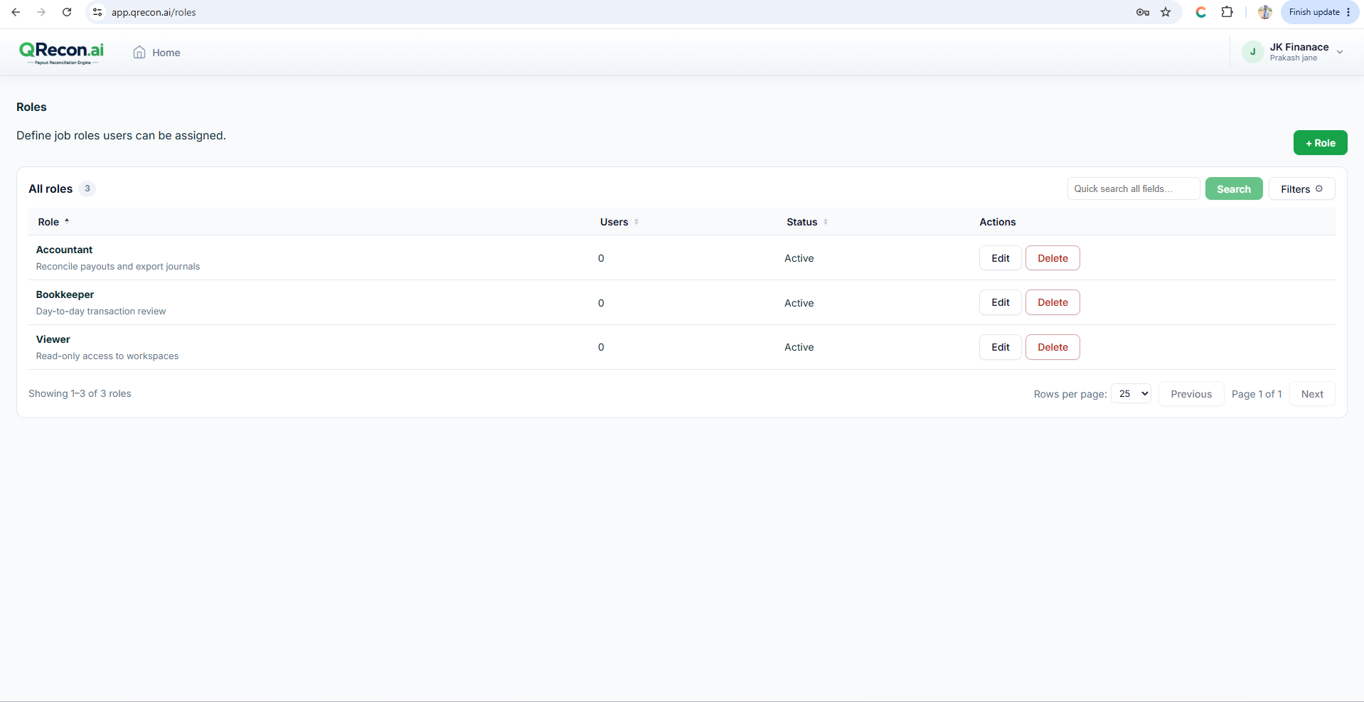 QRecon user roles setup for reconciliation team access