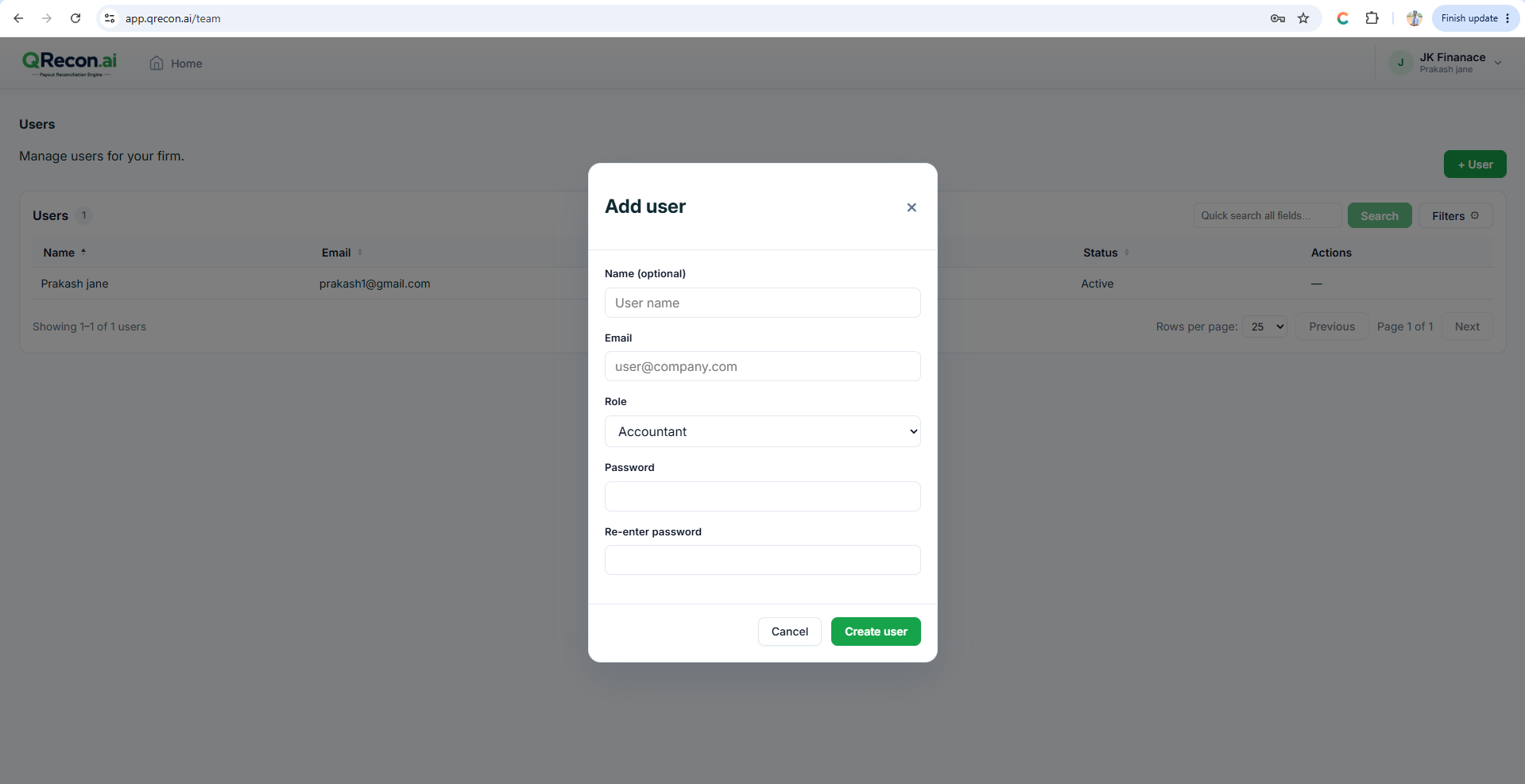QRecon add team member form for reconciliation workspace access