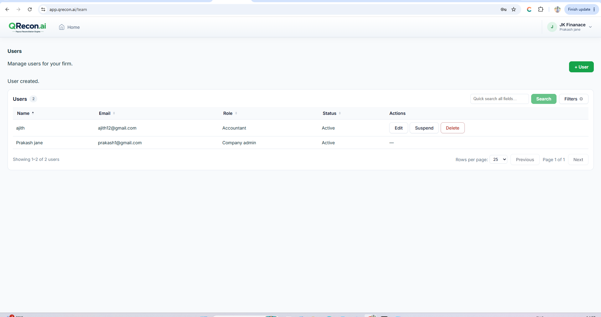 QRecon edit user permissions for the reconciliation workspace