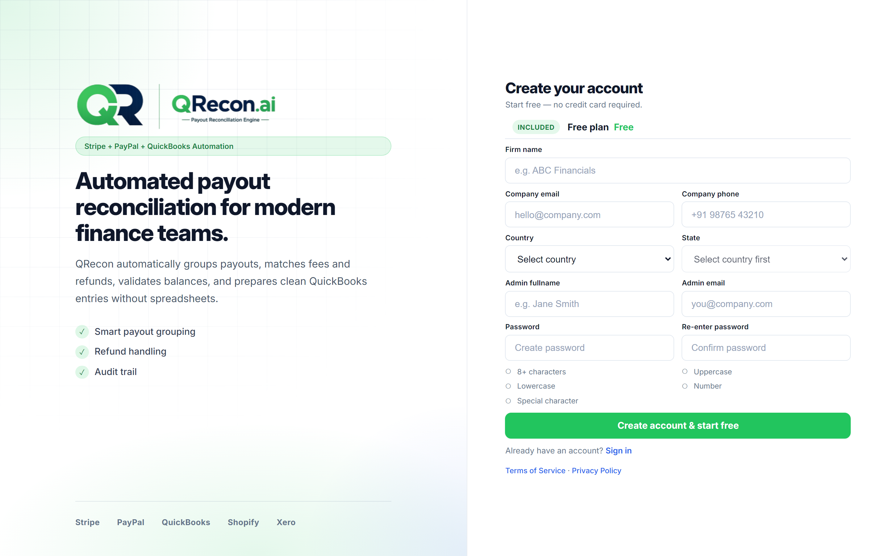 QRecon account registration - sign up for Stripe, PayPal and QuickBooks reconciliation