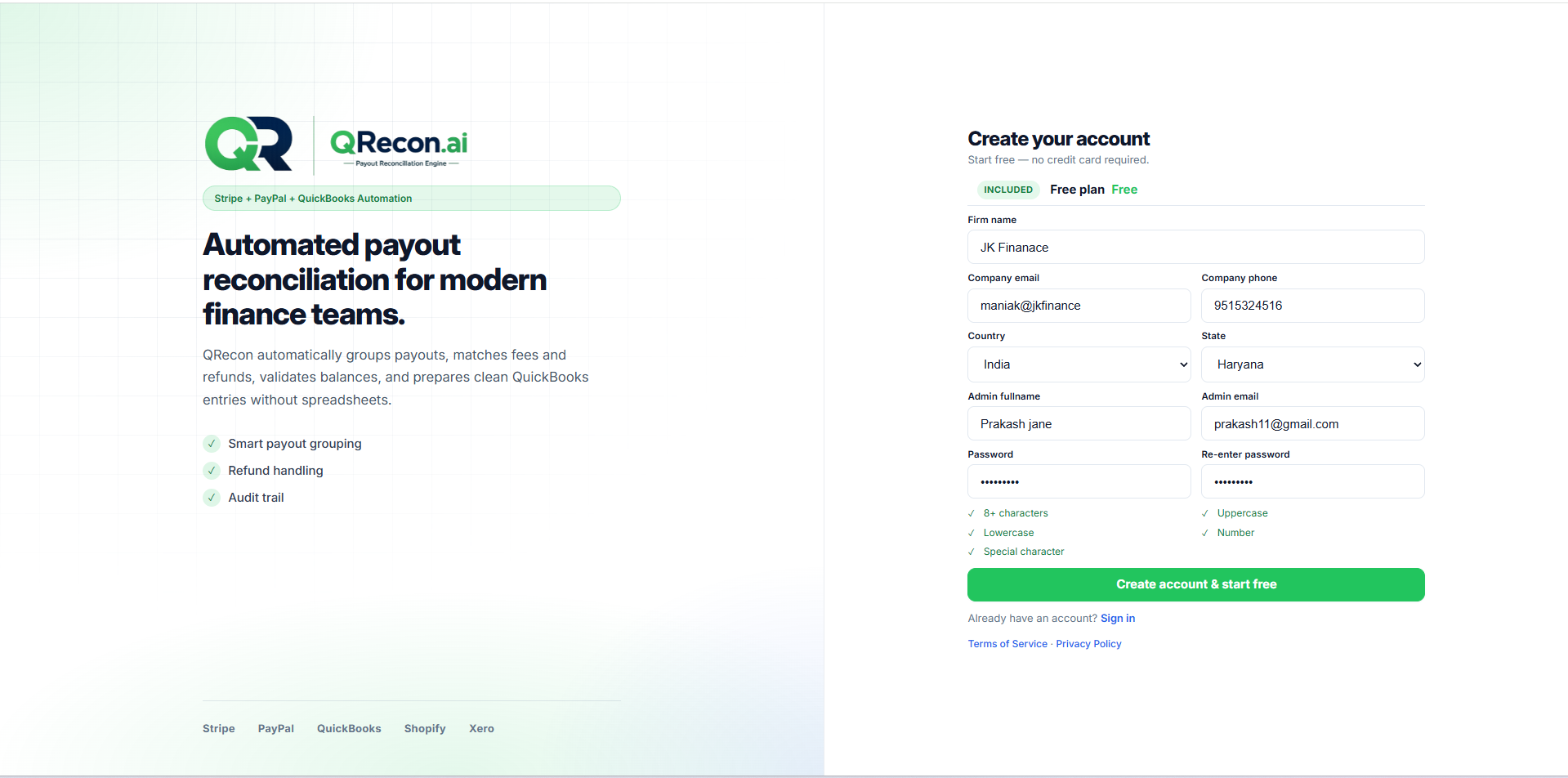 QRecon account password requirements during registration