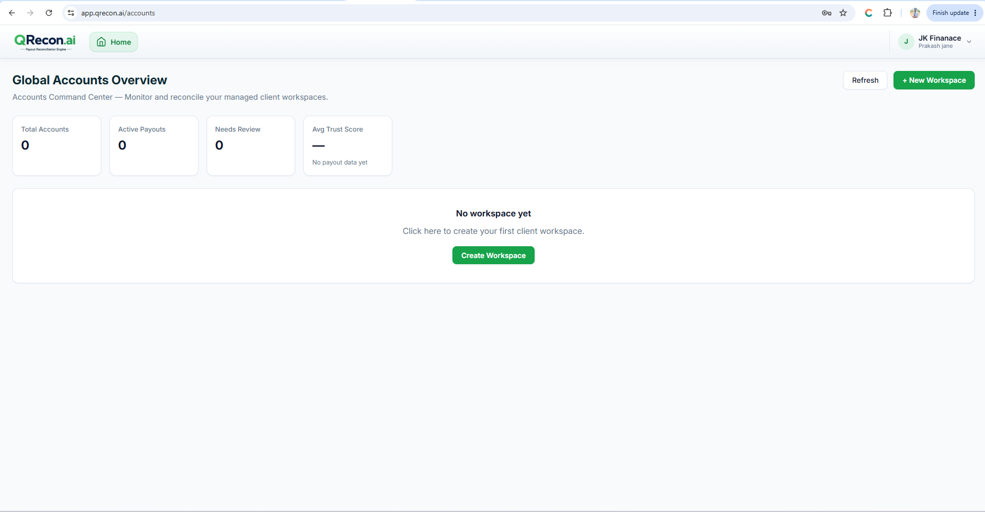 QRecon Global Accounts overview after sign-in - reconciliation workspaces list