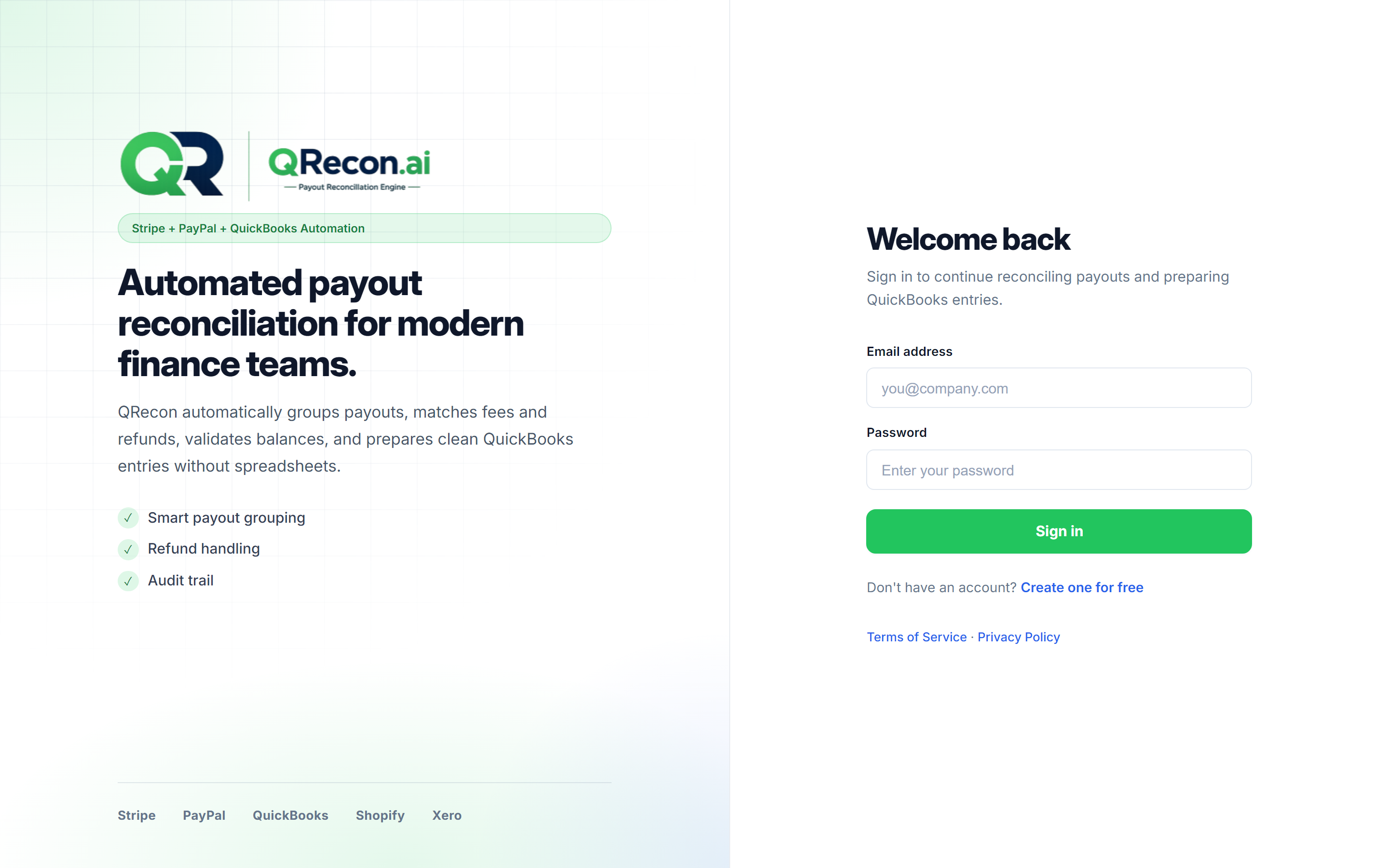 QRecon login page for the QuickBooks reconciliation dashboard