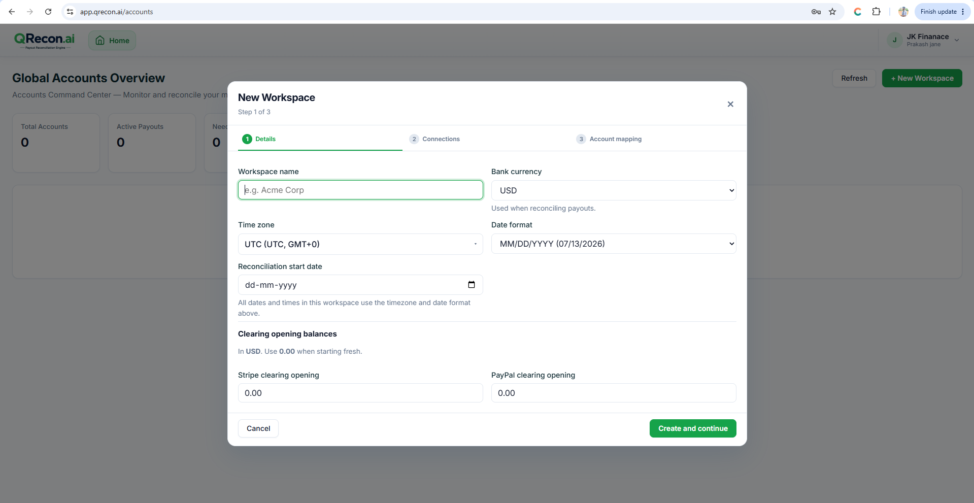 QRecon Global Accounts dashboard - creating a new payout reconciliation workspace
