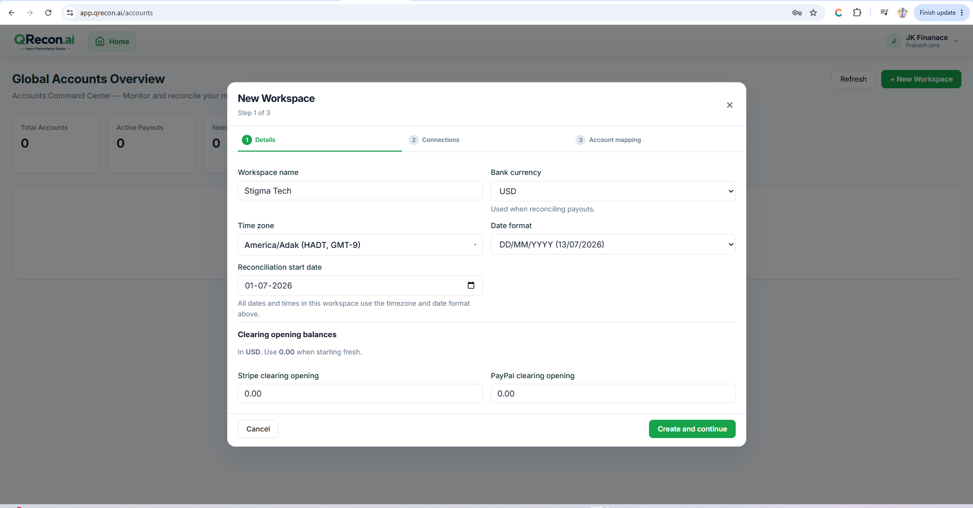 QRecon new workspace setup - currency, time zone and reconciliation start date