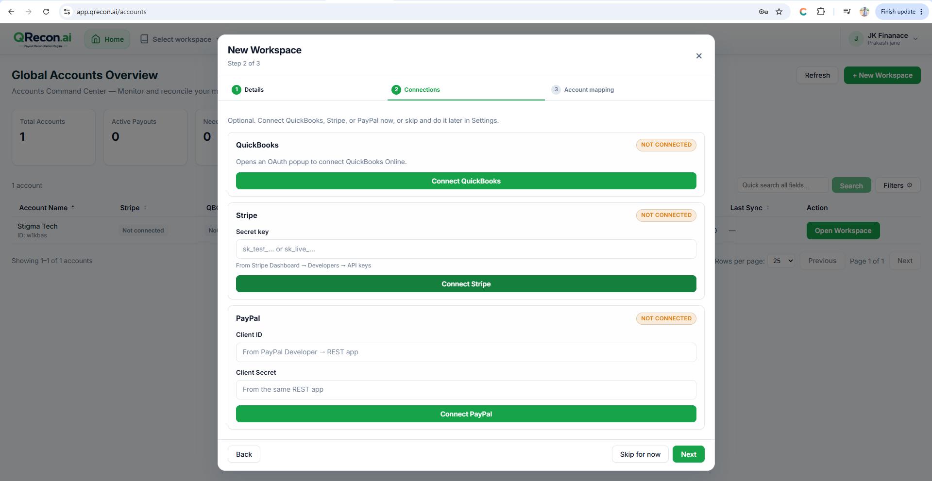 QRecon workspace connections step - linking Stripe, PayPal and QuickBooks for reconciliation