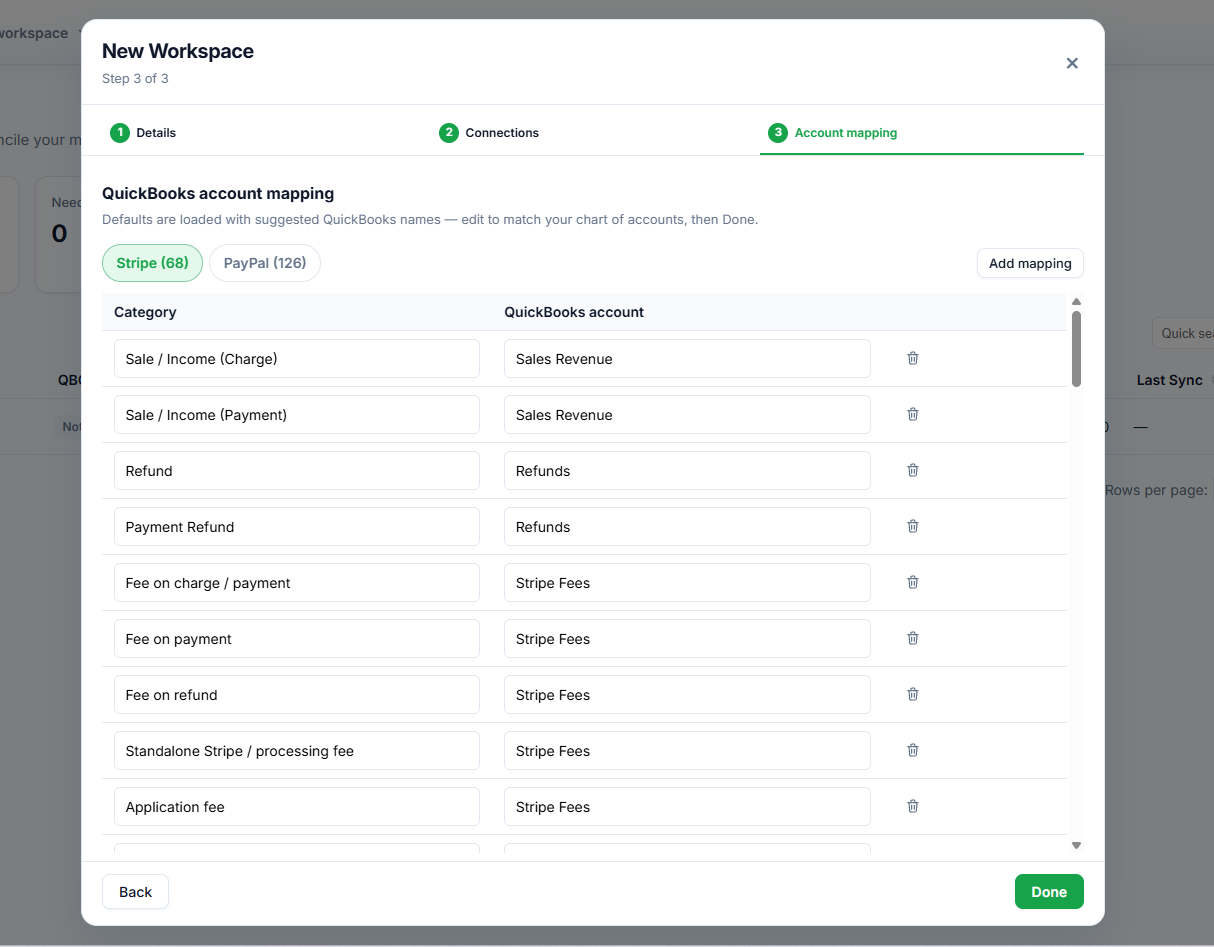 QRecon workspace account mapping step for QuickBooks reconciliation