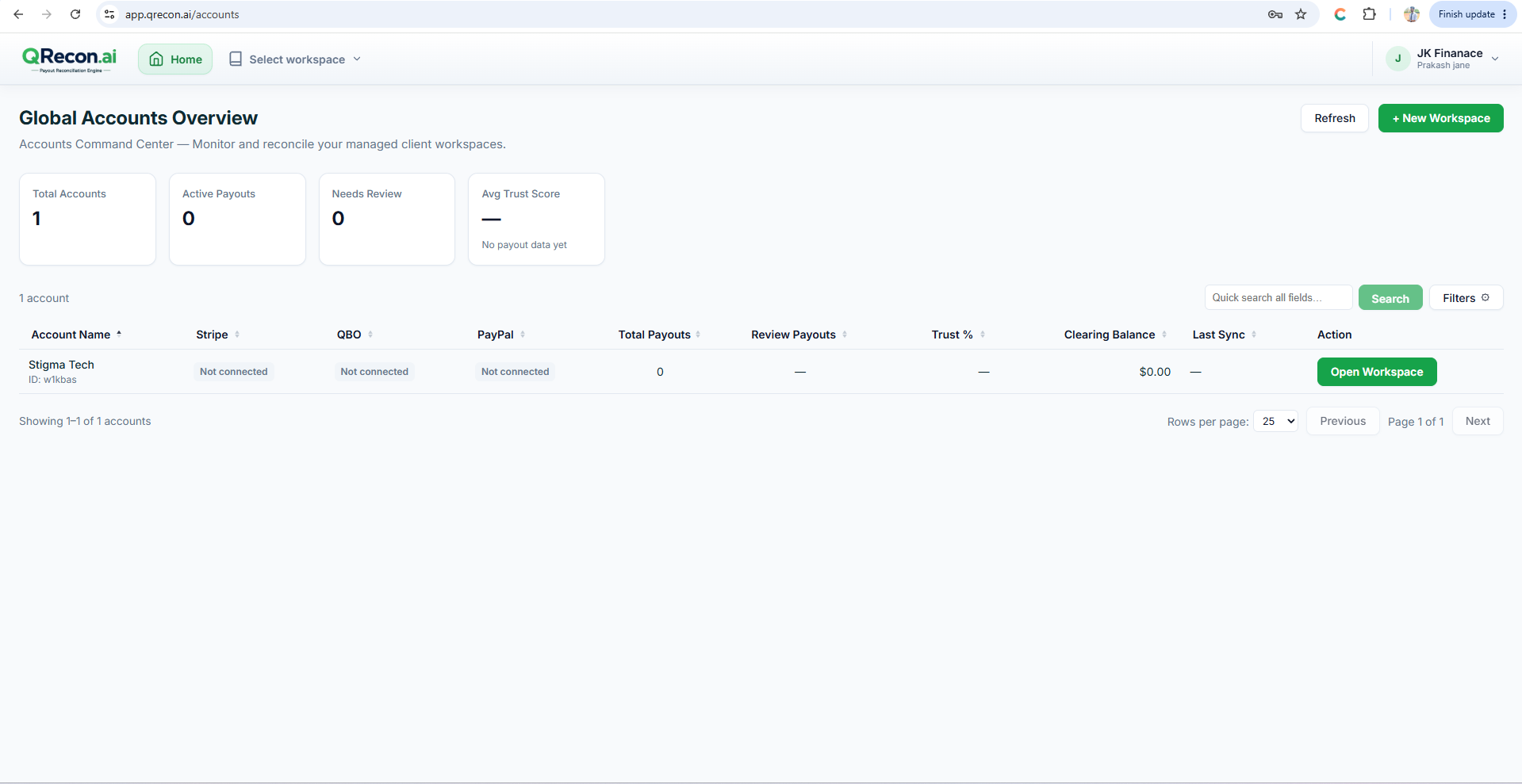 QRecon reconciliation workspace ready to sync Stripe and PayPal payouts